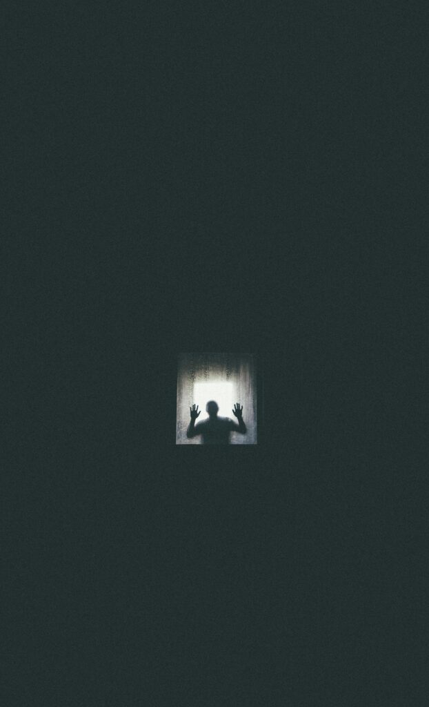 Eerie silhouette of a person against a window, conveying themes of isolation and entrapment.