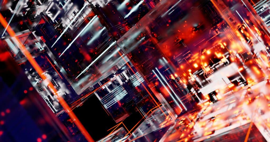 Abstract futuristic cyber landscape with digital matrix and glowing lights.