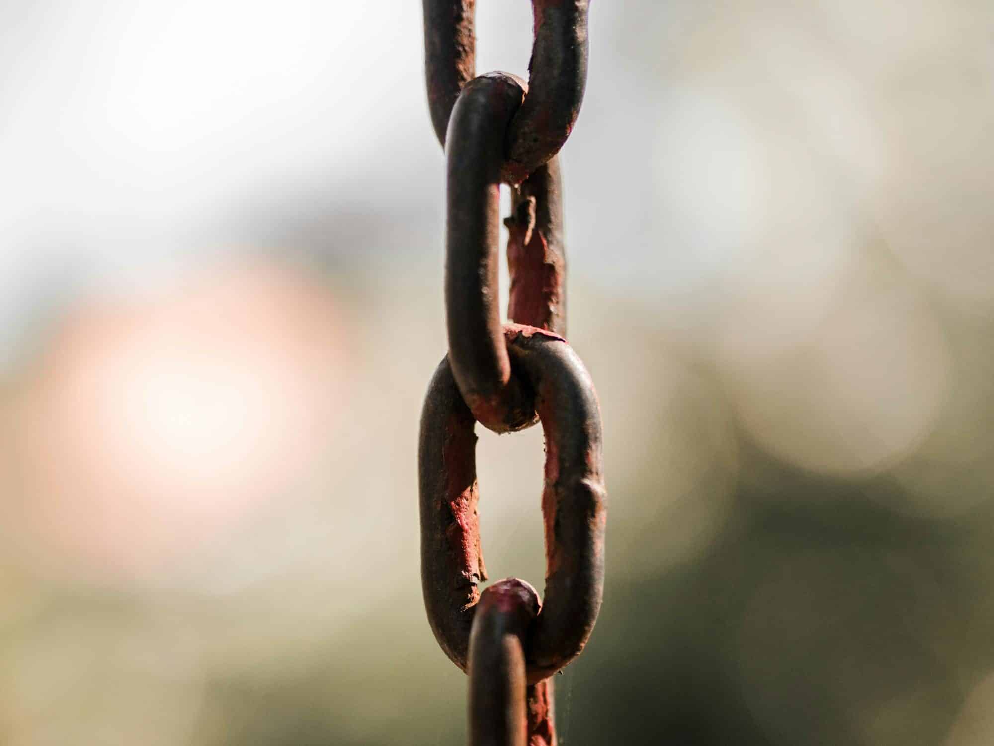 Detailed view of a rusty metal chain with blurred background, symbolizing strength and age.