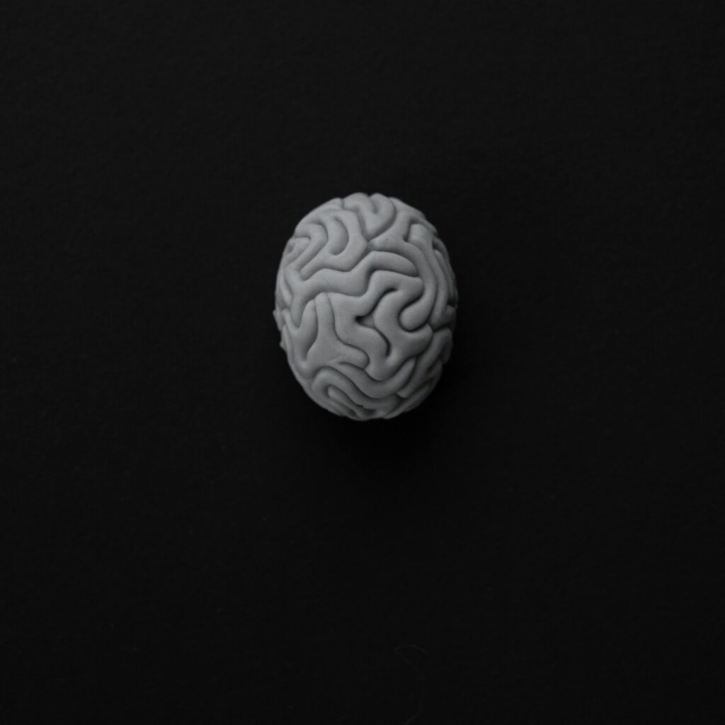 Monochrome representation of a brain against a dark background, symbolizing mental health.