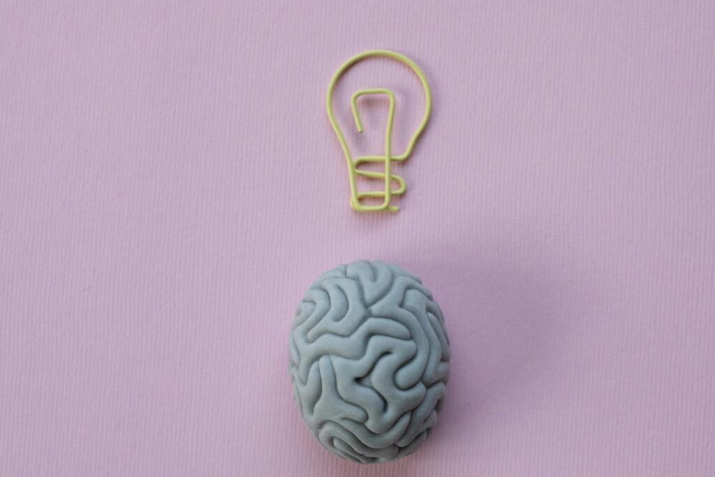 Brain-shaped eraser with a light bulb paperclip on a pastel pink background. Ideal for education and creativity themes.