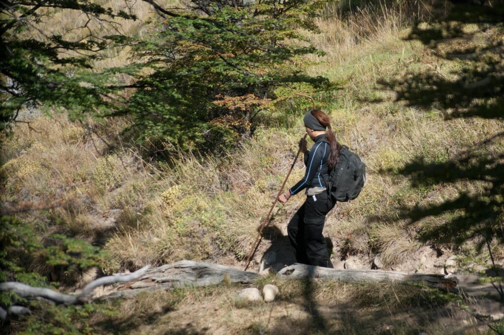 Woman trekking through El Chalten's scenic trails in Patagonia, Argentina, surrounded by nature.
