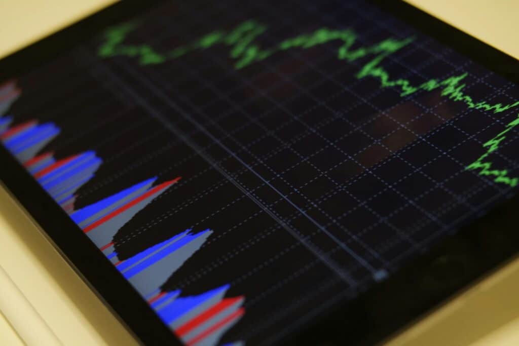 Close-up of a tablet displaying stock market analysis with colorful graphs.