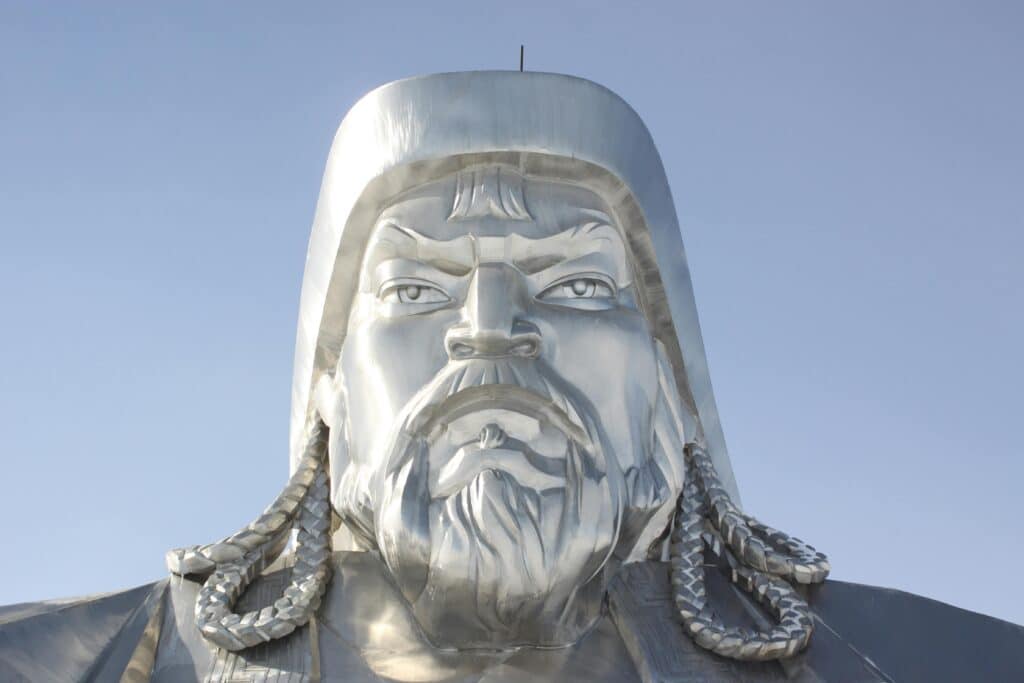Close-up of the iconic Genghis Khan statue in Mongolia against a clear sky.